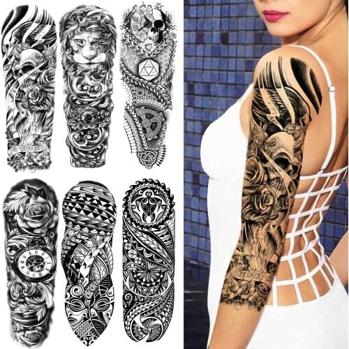 Black Skull Temporary Tattoos For Women Men 3D Maori Tribal Tattoo Sticker Fake Lion Skeleton King Flower Tatoos Arm Sleeve