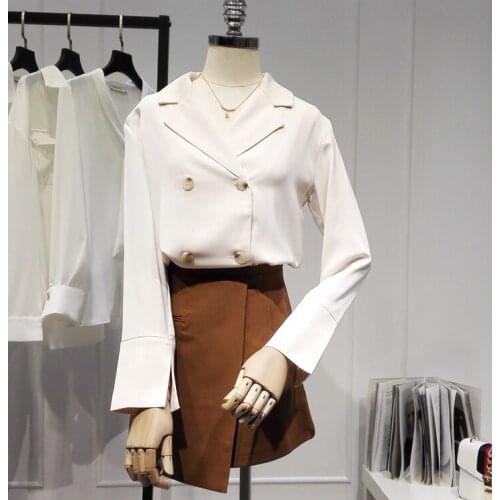Womens Spring Autumn Runway Fashion Long Sleeve Double-breasted Chiffon Shirt Female Casual Loose Beige Blouse Tees Tops TB1667
