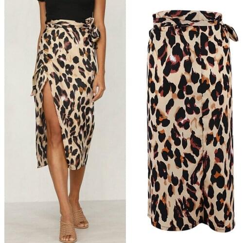 New Fashion Women Leopard Skirt Slim Wrap Asymmetric Bandage Lace Up Side Split Gypsy Drape Bodycon Midi Skirts Bottom