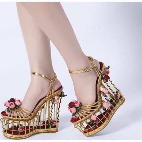 High Quality Wedding Sandals 2021 New Genuine Leather Flower Metal Hollow Heel Platform Velvet Womens Shoes Gold Big Size 40 41
