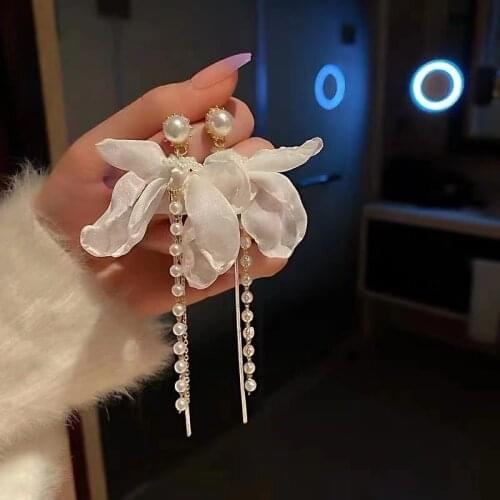 Womens Summer Lace Bow Pearl Tassel Earrings Fashion Simple Women jewelry exquisite 2021 trend Fashion Stud Earrings