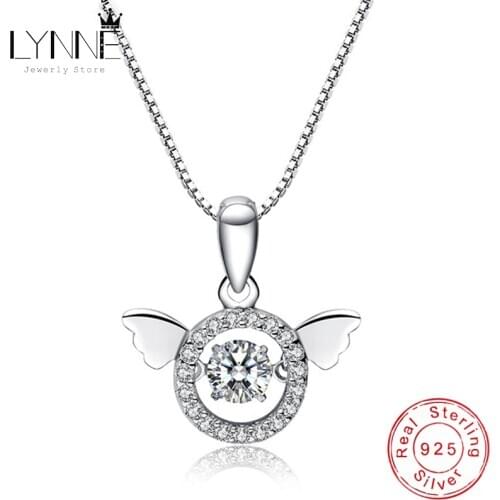 Fashion 925 Sterling Silver Angel Wing Round Zircon Pendant Necklaces Can Dance Rhinestone Feather Drop Necklace Women Jewelry