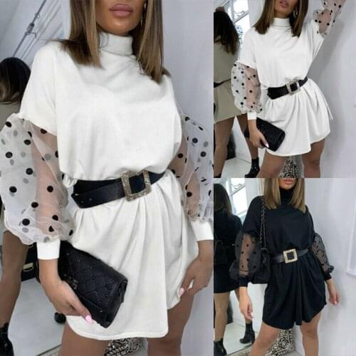 Women Ladies High Neck Ribbed Puff Sleeve Knitted Polka Dot Mesh Jumper Dress UK