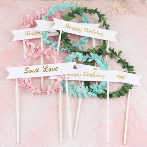 2pcs Pink Green Leaf Wreath "Happy Birthday" "Sweet Love" Cake Topper Dessert Decoration For Birthday Party Lovely Gifts