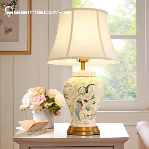 American Retro Flower and Bird Ceramic Table Lamp For Living Room Bedroom Bedside Study Room Decoration Large Table Lamp Villa