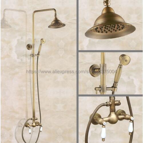 Antique Brass Bathroom Rainfall Shower Faucet Set Mixer Tap With Hand Sprayer Wall Mounted Bath Shower Sets Double Handle Nan115