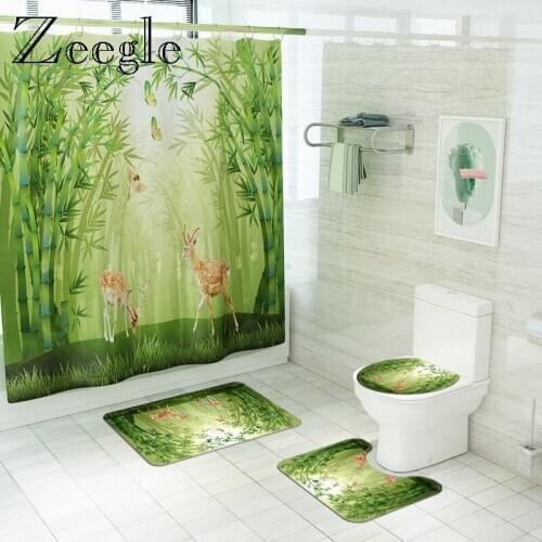 Bamboo Bath Mat and Shower Curtain Set Polyester Waterproof Bathroom Curtain Shower Floor Mat Toilet Foot Rugs