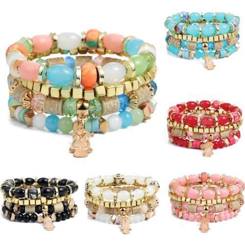 4pcs Bohemian Charm Bracelets Bangles For Women Fashion Strand Colorful Gem Bead Bracelets Sets Jewelry Party Summer Bracelet