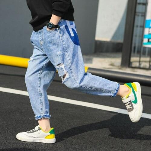 Big Boys Jeans Kids Pants Children Letter Trousers Kids Clothes Hole Jeans Pants School Boy Casual Loose Denim Pants