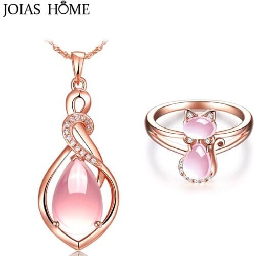JoiasHome Classic Silver 925 Jewerly Necklace With Water Drop Shape Pink Rose Quartz Zircon Gemstones Pendant For Women Gifts