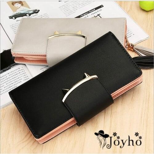 Joyho brand fashion cute cat zipper tassel women wallets hasp rivet wallet female long clutch bag pu leather ladies purse