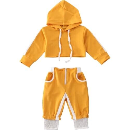 0-24M Toddler Baby Girl Clothes Sets Solid Long Sleeve Pullover Hood Crop Tops Mesh Pants 2PCS Tracksuit Outfit