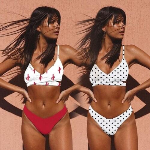 Deep V Neck Bikini Polka Dot Print Swimsuit Biquinis Feminino Cross Straps Swimwear Lace Up Bikini Set Bathing Suit Women Bikins