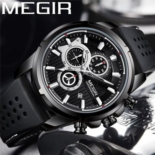 MEGIR Watch Men Waterproof Chronograph Military Army Male Clock Top Brand Luxury Black Rubber Business Man Sport Wristwatch 2101