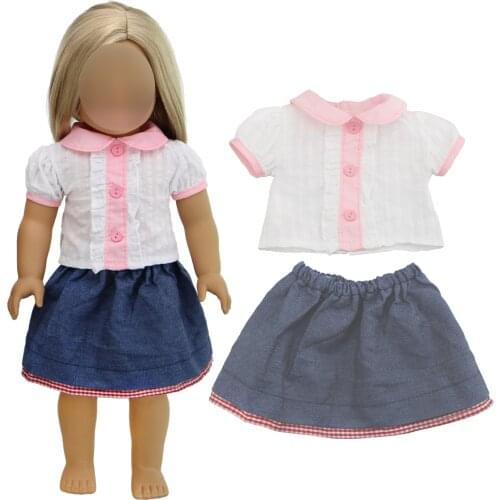 Cute Pink Short-sleeve Blouse Tops Denim Mini Skirt Casual Wear Daily Clothes Accessories for 18 Inch Girl Doll Toy