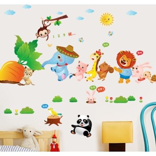 Cartoon Animals Wall Sticker for Kindergarten Kids Room Living Room Bedroom Decoration Elephant Lion Giraffe Decals Home Decor