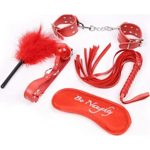 5pcs set Bondage kit leather handcuffs mouth gag whip Slave Restraints Hand Ankle Cuffs Adult Games Couples Bdsm flirt Sex Toys