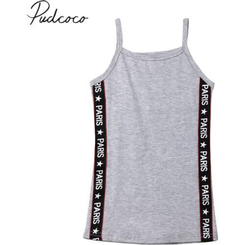 2019 Brand New Toddler Kids Baby Girls Summer Sling Dress Sleeveless Knit Letter Print Grey Straight Knee-Length Dress Sundress