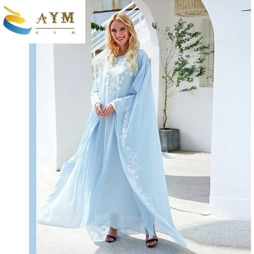 New Summer Autum Light blue thick thread embroidered cloak ethnic style loose long coat dubai travel robe