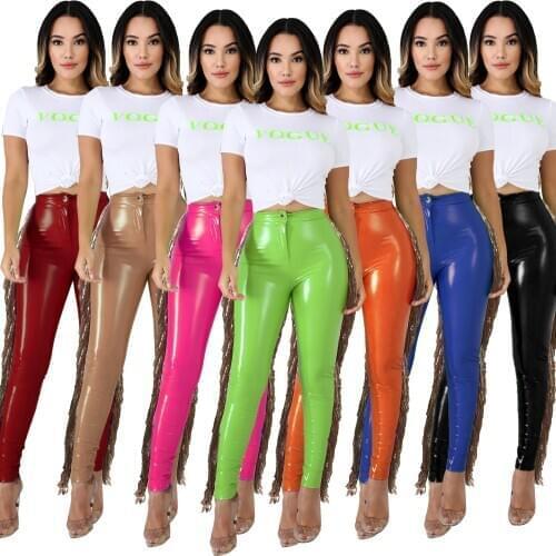 New European and American Womens Clothing High Stretch Plus Velvet Leather Pants Stitching Sequins Fringed PU Pants