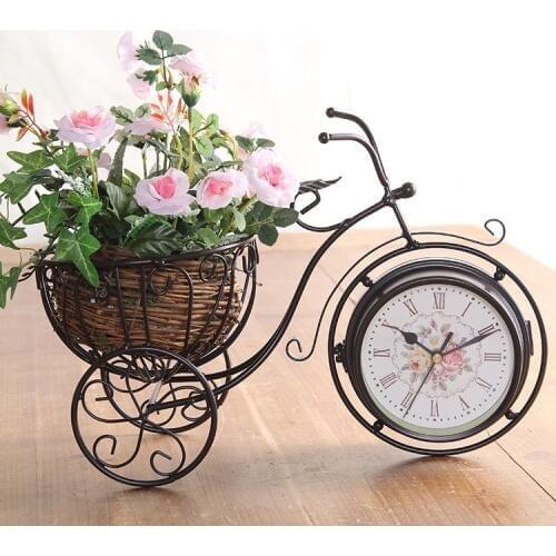 Office Desk Clock Creative Wrought Iron Bicycle Flower Basket Double-sided Clock Craft Gift Decoration Clock Ornaments
