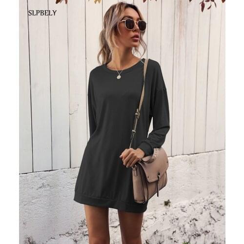 SLPBELY Womens Dress Ladies Spring Autumn Solid Color Fashion Casual Long Sleeve Shirt Dress Midi Dress Vestido Plus Size