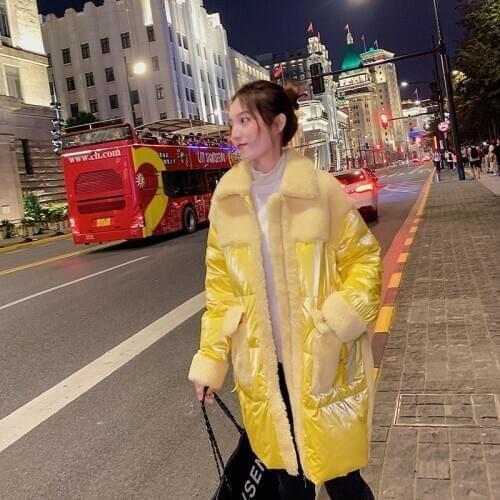 New yellow bright face down jacket womens winter mid long fashion over knee lamb Plush