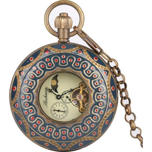 Retro Vintage Mechanical-hand-winding Mechanical Pocket Watch Men Luxury Fob Watches with Chain Blue Color Carving Unisex Gifts