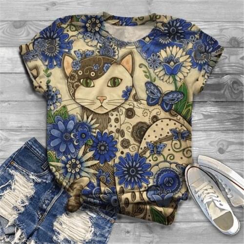 Lovely Cat Moon Print Short Sleeve Plus Size T-shirt Women Round Neck Y2k Graphic Tee Top Ladies Clothing Animal Harajuku Tshirt
