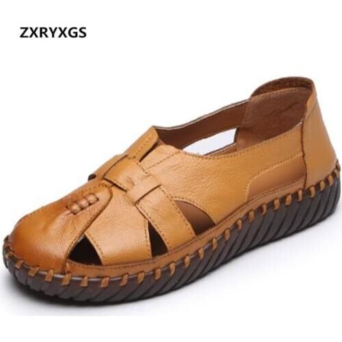 Best Sale 2020 Round Head Summer Genuine Leather Sandals Women Sandals Soft Bottom Comfort Flat Sandals Casual Shoes Sandals