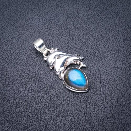 StarGems Natural Blue Fire Labradorite Dolphin Handmade 925 Sterling Silver Pendant 1.75" E3748