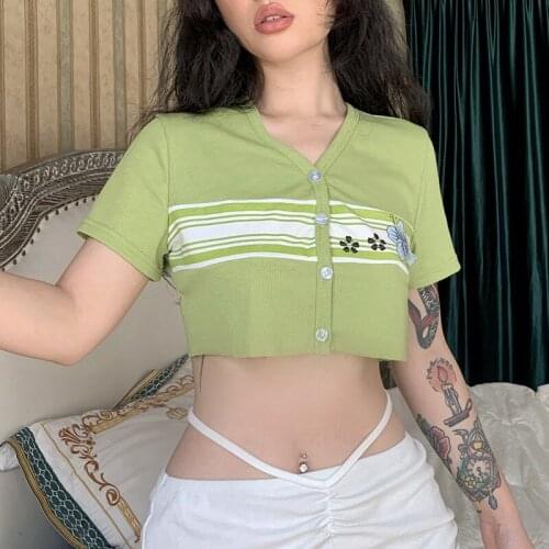 Floral Print Button Crop T Shirt Sexy Casual Fashion 2021 Summer T Shirt Party Y2k V Neck Short Sleeve Open Navel Women T Shirt