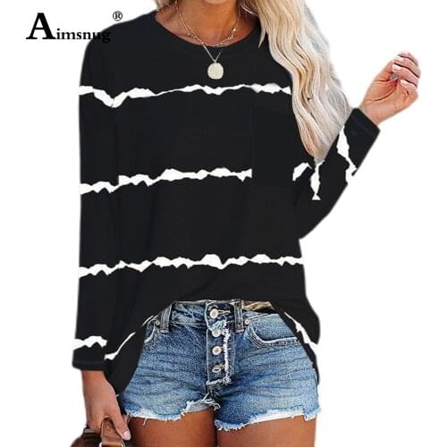 Plus Size Women Fashion Stripes T-shirt Long Sleeve Tees Shirt Autumn Loose Pocket Design Tops Streetwear Femme Clothing 2021
