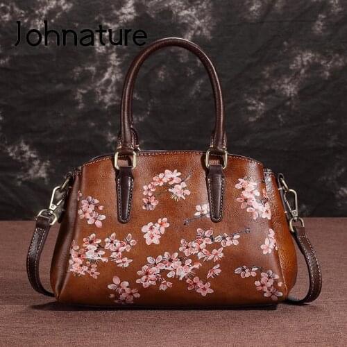 Johnature Genuine Leather Women Bag Retro Luxury Handbag 2021 New Hand Painted Floral Casual Tote Nature Cowhide Shoulder Bags