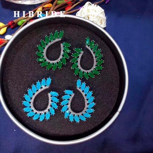 HIBRIDE New Brazil Style Green Leaf Shape Cubic Zirconia Women Stud Earrings Fashion Female Jewelry Bridal Earring Brincos E-634