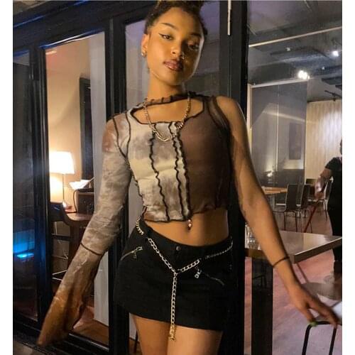 Women Patchwork Crop Top, Casual One Shoulder Long Sleeve Cut Out Tie Dye Print Tee Shirt