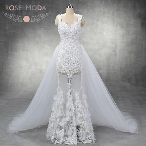 Rose Moda 3D Flower Lace Boho Wedding Dress See Through Skirt Destination Wedding Dresses with Removable Train 2018