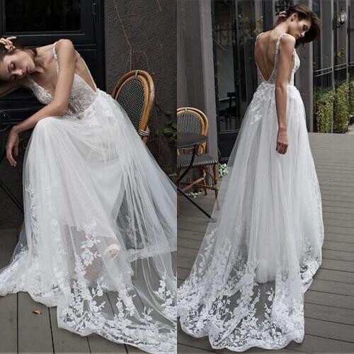 Fabulous Tulle Deep V-neck Neckline A-line Wedding Dress With Lace Appliques & Beadings Long Bridal Dress Gowns 2019