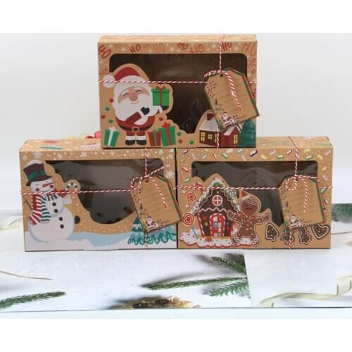 120pcs/lot Kraft Paper Christmas Gift Boxes with Clear Window Biscuit packing box New Year Favors Boxes for Cookies Treats