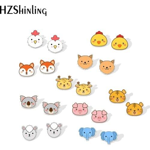 2019 New Kawaii Animals Acrylic Earring Deer Wolf Bear Pig Earrings Art Epoxy Photo Resin Earring