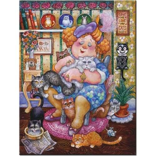 5D DIY diamond painting fat lady and cats cross stitch diamond embroidery mosaic full square round drill portrait art,N710