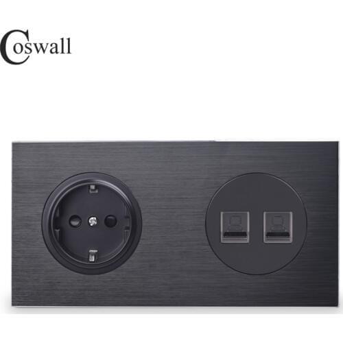Coswall Aluminum Metal Panel Black EU Standard Wall Socket +2 Gang CAT5E RJ45 Internet Data Computer Jack 172*86mm R12 Series