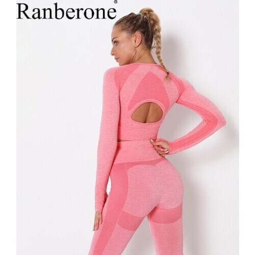 Ranberone Seamless Yoga Top Gym Workout Long Sleeve Tops For Women Fitness Gym Sexy Clothing Running Yoga Shirt Active Wear