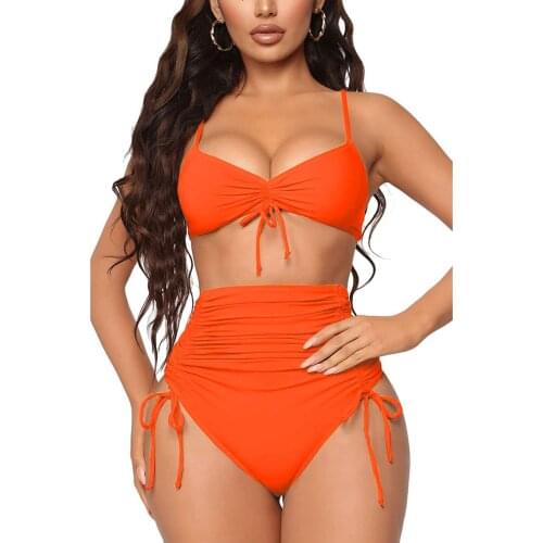 Yiiciovy Women’s Solid Color 2Pcs Bikini Suit Drawstring High Waist Swimsuit Bikini Sets Summer Sexy Beach Swimwear Bathing Suit