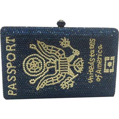 Boutique De FGG Novelty America Passport Box Clutch Women Crystal Evening Handbags and Purses Party Dinner Rhinestone Bags