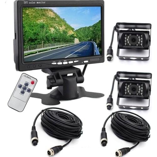 12V-24V 7" TFT LCD HD Color Car Monitor +2x 4Pin Bus Truck RV Caravan Trailers IR Night Vision Reversing Backup Rear View Camera