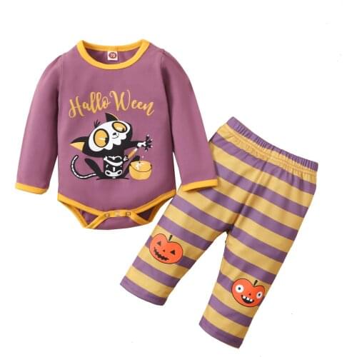 Two Piece Baby Girls Boys Clothes Cartoon Halloween Print Long Sleeve Romper and Stripe Long Pants Spring Autumn