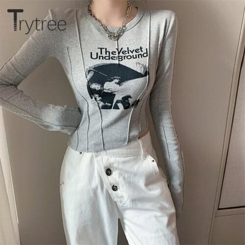 Trytree 2020 Spring Autumn Casual Woman T-shirt O-neck Fashion Printed T-shirt Irregular Hem Elastic Short T-shirt Top For Women