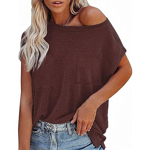 New Spring Summer T-Shirts Womens Top Casual T-shirt Short Sleeve Loose Women Solid Color Off Shoulder T-shirt for Summer