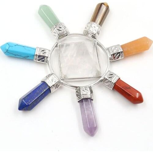 FYSL Silver Plated Clear Quartz Pyramid Pendant with Hexagon Column Many Colors Stone Healing Chakra Jewelry